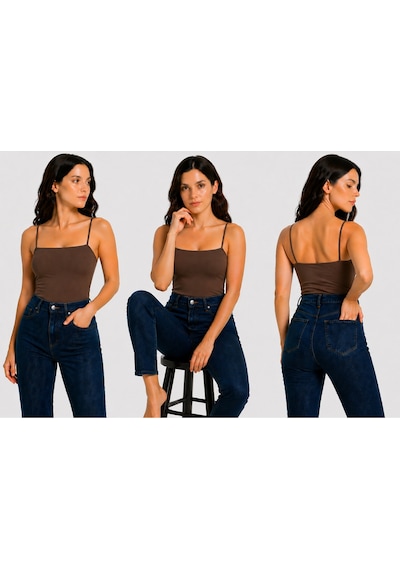 İngegno Body İp Askılı Viskon Örme Ring Kumaş Kadın Body Kahverengi