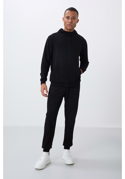 Tommy Life Siyah Kompakt Pamuklu Kalın Pürüzsüz Dokulu Kapüşonlu Comfort Fit Erkek Eşofman Takım - 85262 Siyah