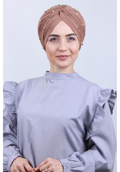 Melodi Scarf Kadın Tesettür İncili Taşlı Vera Dış Bone Vizon Vizon