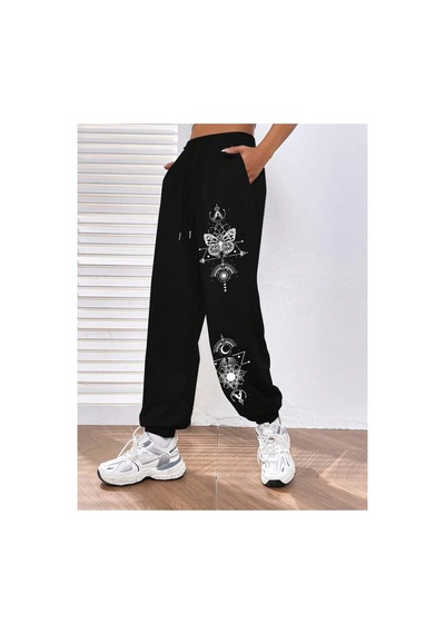 Tarzsokak Butterfly Print Elastic Waist 4 Mevsim Eşofman Siyah