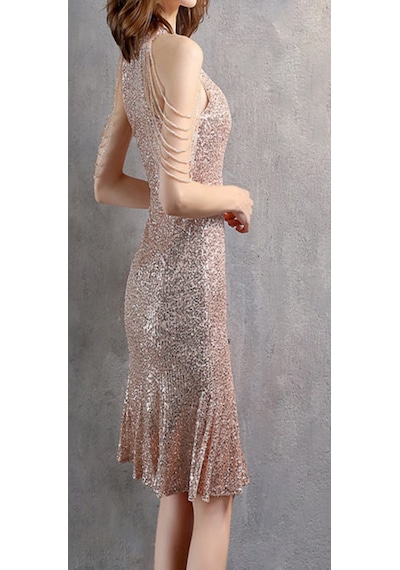 Hanife Glam Couture Hanife Glam Boncuk Detaylı Pulpayet Abiye Elbise Gold