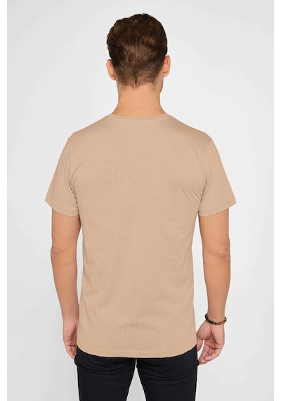 Tudors Unisex Slim Fit Dar Kesim %100 Pamuk Yumuşak Dokulu Vizon Renk Bisiklet Yaka Tişört-31792 Vizon