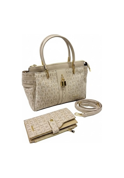 Just Polo Kadın Lüks El & Omuz Çantası Gold Detaylı Özel Tasarım Çanta Ve Uyumlu Cüzdan 22x28 Cm Taş
