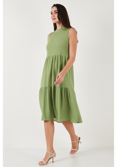 Lela Regular Fit Kolsuz Midi Bayan Elbise 5869008 Yağ Yeşili Lela Regular Fit Kolsuz Midi Bayan Elbise 5869008 Yağ Yeşili