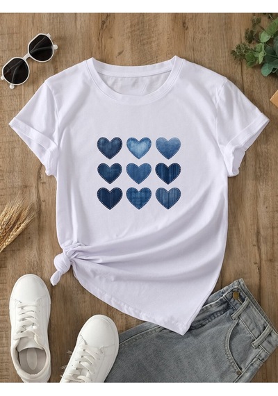 Uyguntarz Unisex Jean Desenli Kalp Tasarım Basklı Tshirt Beyaz