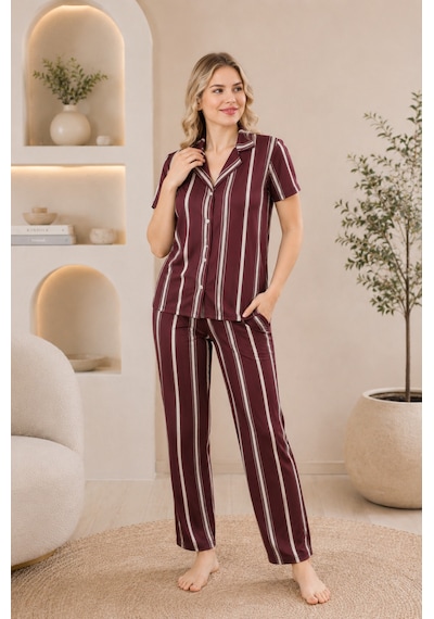 Wordex Mirano 4868 Dijital Baskı Kumaş Düğmeli Kısa Kolu Çizgili Kadın Pijama Takımı Kahverengi Wordex Mirano 4868 Dijital Baskı Kumaş Düğmeli Kısa Kolu Çizgili Kadın Pijama Takımı Kahverengi