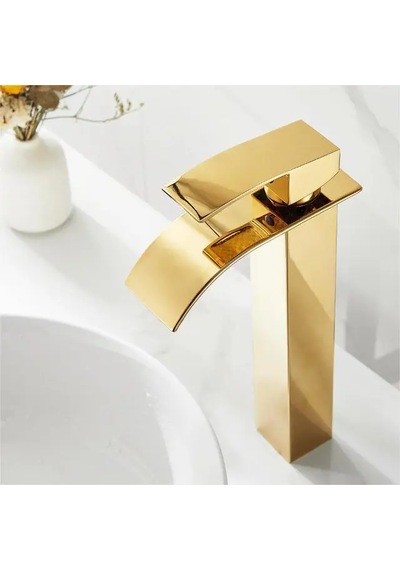 Rena Desıgn Mat Gold Çanak Lavabo Bataryası Oval Çıkış Yüksek Havza Model Uzun Çift Giriş Altın Musluk Banyo Mat Altın