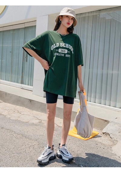 Kadın Yeşil Oversize Old School T-shirt - Oversize Baskılı Yeşil