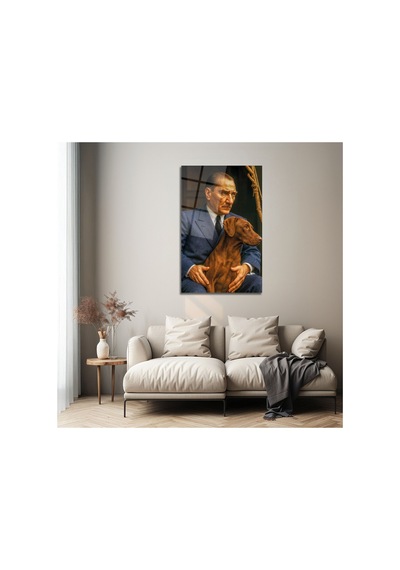 Sadakat Ve Liderlik Temalı Atatürk Ve Köpeği Cam Tablo Atatürk Temalı Dekoratif Duvar Tablosu, Salon, Ofis Ve Çalışma Alanı Dekoru,