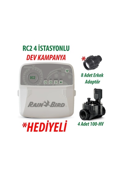 Rain Bird Dış Mekan Rc2-4 İstasyonlu Kontrol Ünitesi + 4 Adet 100hv Vana Seti