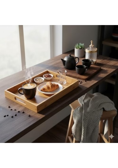 Bambu Dikdörtgen Sunum Tepsi, Bambu Sofra Tepsisi, Çay Tesisi 35cmx25cmx6cm Açık Bej