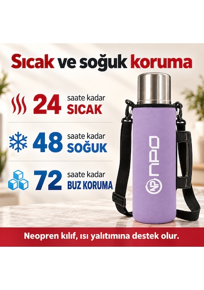 Npo Nt01 2 Katman Vakum Teknolojili 24h Sıcak 48h Soğuk 72h Buzlu Koruma Çelik Termos Lila Kılıflı