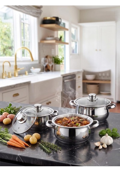 Tr Roj Monarch Home Çakır Güveç Set, Paslanmaz Çelik, Cam Kapaklı, 6 Parça, Lüks Tasarım Genel