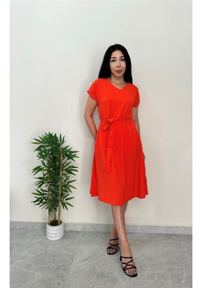 Simli Moda Kemer Detaylı Turuncu Elbise Turuncu