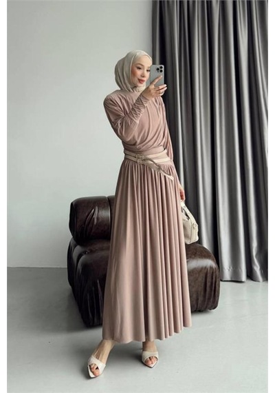 Neşeli Butik Kadın Bej Drapeli Kemer Detaylı Sandy Kumaş Premium Tesettür Elbise Nms090