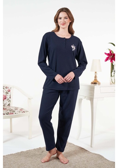 Remsa Kadın İnterlok Şardonlu Fitilli Pijama Takımı 25330 Lacivert Lacivert