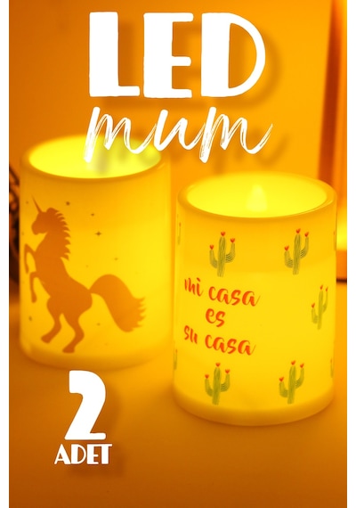 2li Led Mum Unicorn Kaktüs Bardak Tipi Pilli Dumansız Alevli Dekoratif Yapay Mum Dekor Lambası