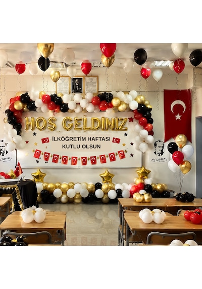 Sınıf Süsleme Seti Gold Folyo Harfler Beyaz Kırmızı Siyah Gold Balonlar Okul Sınıf Pano Süsleme İlköğretim Haftası Kutlama