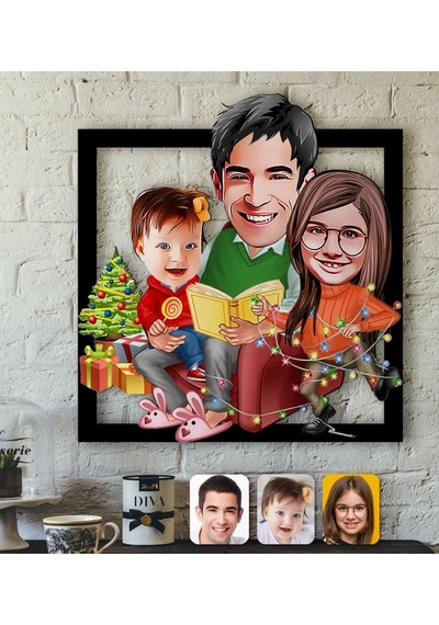 Kişiye Özel Yeni Yıl Aile Karikatürlü 3D Ahşap Tablo-2 (462902009)