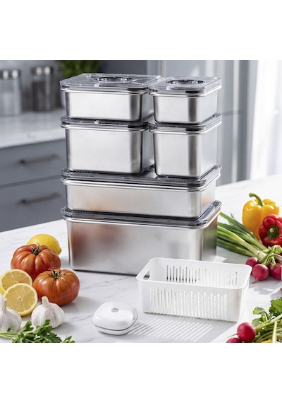 Aryıldız Vacuum & Fresh Çelik 14 Parça Saklama Kabı Seti Çok Renkli