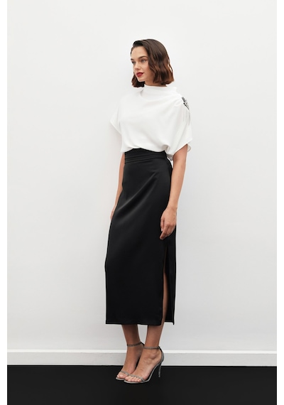 Sateen Bel Pile Detaylı Saten Etek - Siyah