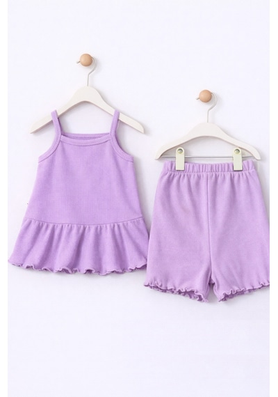 For My Baby Fitilli Kumaş 2 Li Kız Bebek Takım Şortlu Yazlık Mor