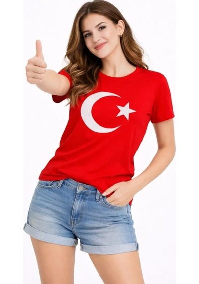 Valensdesign T-shirt Kısa Kol Bisiklet Yaka Ay Yıldız Bayrak Baskılı Tişört - Kırmızı