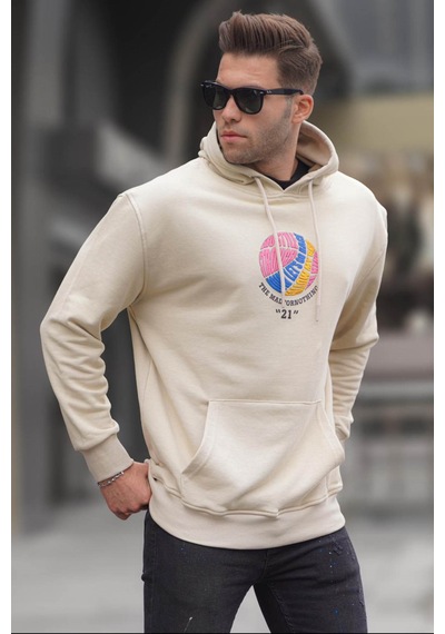 Madmext Bej Kabartma Baskılı Kapüşonlu Sweatshirt 6042 Bej