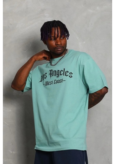 Erkek Kısa Kol Tişört Bisiklet Yaka Kanat Baskılı Oversize T-shirt - Mint Yeşili