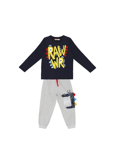 Erkek Çocuk Kışlık Dinozor Desenli Pamuklu Lacivert Uzun Kollu 2 Parça T-Shirt Pantolon Takımı 2-8 Yaş