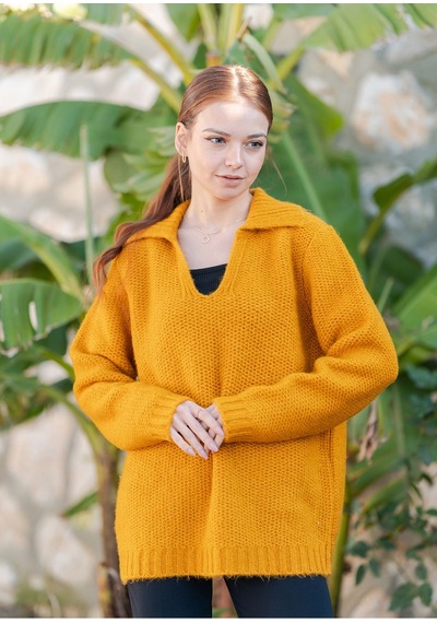 Gömlek Yaka Oversize Basic Kazak Hardal