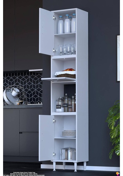 Işıl 35 Cm Kapaklı Orta Bölmeli Çok Amaçlı Mutfak Kiler Dolabı Banyo Düzenleyici 35x213x32 Cm Beyaz