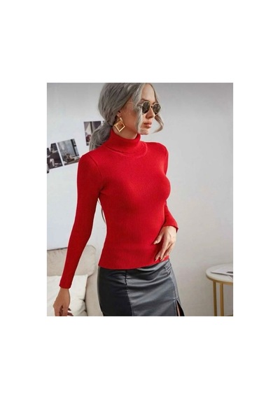 Hanclo Kadın Fitilli Balıkçı Yaka Slim Fit Triko Kazak Kırmızı