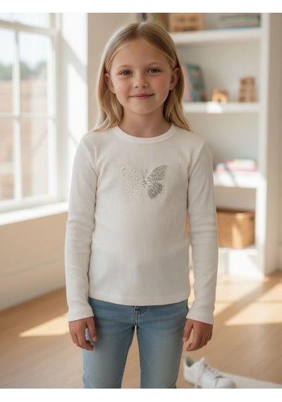 Zekids Kız Çocuk Boncuklu Kelebek İşlemeli Fitilli Uzun Kollu T-shirt-16380 Ekru