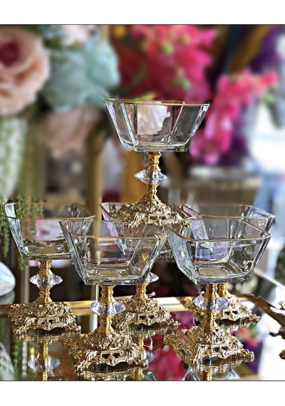 Paşabahçe 6 Adet Metal Ayaklı Gold Detaylı Magnolia-kase-dondurmalık-şekerlik Kahverengi