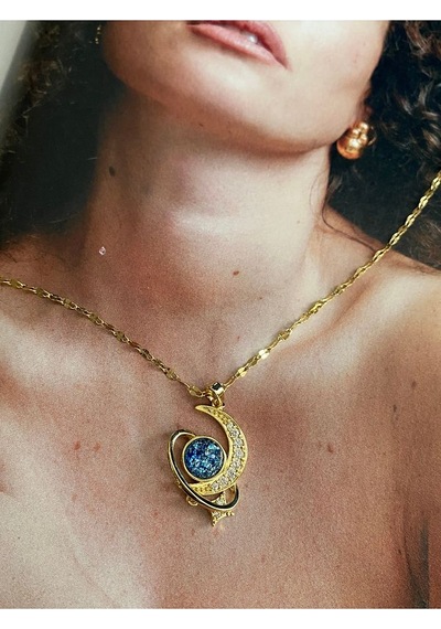 Pinery Jewels Zirkon Taşlı Ay Yıldız Kararmaz Çelik Kadın Gold Kolye Altın