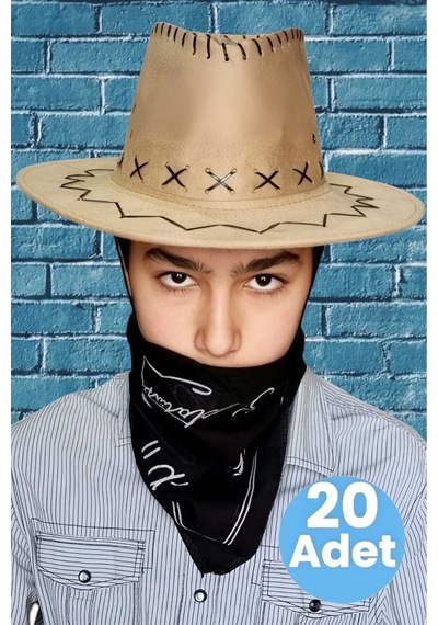 Uniquetrenders Çocuk Unisex Bandanalı 20'li Nubuk Kovboy Şapkası 8-14 Yaş Koyu Bej 6