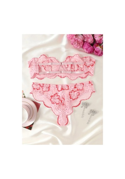 Lilly Dantel Çiçek Desenli Pembe İç Giyim Seti Pembe Pembe