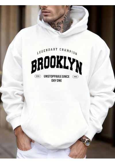 Startmore Tarzsokak Brooklyn Unstoppable Since Day One Baskılı Sokak Modası Kapüşonlu Üst Erkek Günlük Polar Tişö Beyaz
