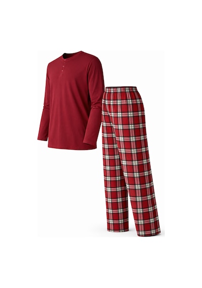 Mutlu City Erkek Mevsimlik Uzun Kollu 3 Düğmeli Ekose Alt Pijama Takımı 16649 Bordo
