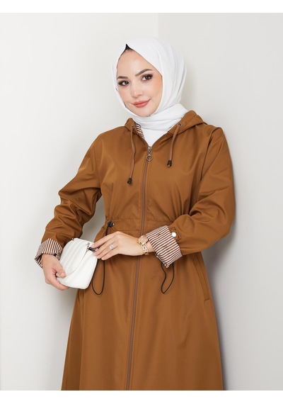 Hb Harma Time Butik Kadın Kapüşonlu Çizgi Detaylı Taba Bondit Kap