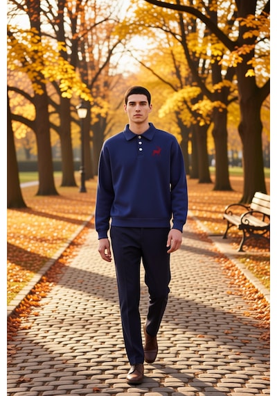 Benerly Erkek Polo Yaka Standart Kol Oversize Kalıp Sweatshirt Fonksiyone Lacivert