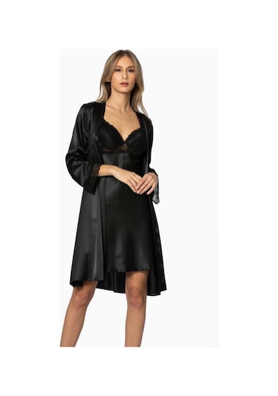 Pierre Cardin Sütyen Kaplı Siyah Sabahlık Gecelik Set 4285 Siyah