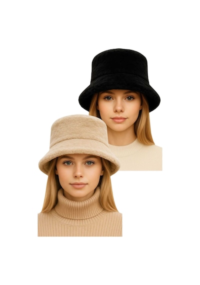Uniquetrenders Kadın Ayarlanabilir Peluş Bucket Kova Şapka 2'li Set Siyah - Bej