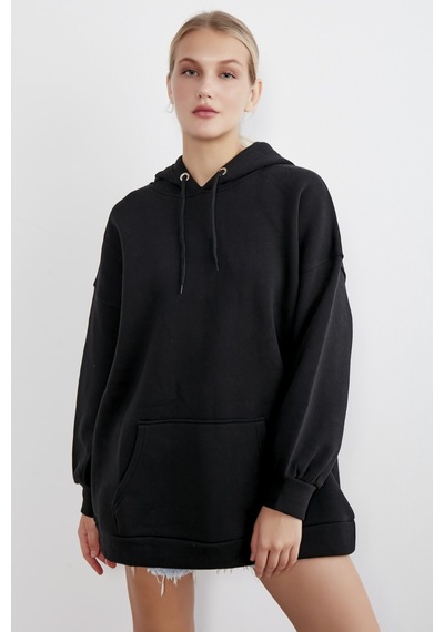 Meecy Kadın Siyah Kapüşonlu Kanguru Cepli Sweatshirt Siyah Siyah