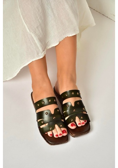 Fox Shoes Y390755203 Yeşil Hakiki Deri Kadın Terlik Yeşil