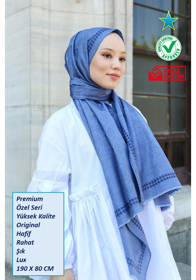 Premium Lux Original Monogram Şal İpek Vual, Yüksek Kalite, Hafif, Rahat, Şık, Tesettür, Shawl Mavi - Siyah