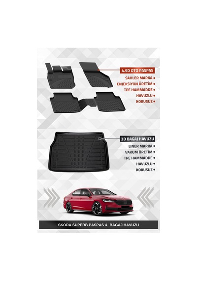 Sahler Skoda Superb 2024+ Uyumlu 4.5d Premium Havuzlu Oto Paspas Ve Liner Marka 3d Bagaj Havuzu