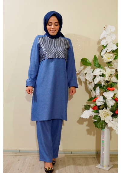 Deryam Tekstil Kadın Sofya Keten Tunik Pantolon Takımı Mavi 40 Beden Mavi