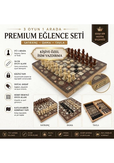 Kişiye Özel İsimli Lüks Ahşap Sedef Görünümlü 3ü 1 Arada Satranç Dama Tavla Kilitli Premium Set 34cm